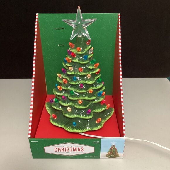 Ceramic Lighted Table Top Christmas Tree 15" Star Top - Picture 1 of 5
